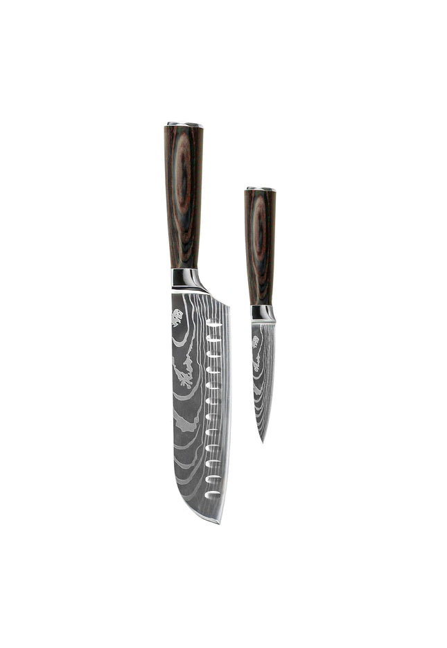 Coltelli Shinrai - Set di 2 coltelli con stampa Damasco - Santoku + coltello da cucina